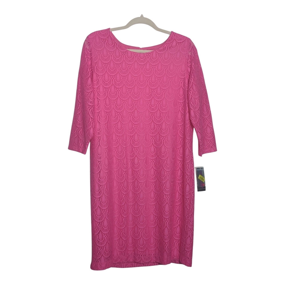 Allison Daley Sz 12P Pink Scalloped Crochet Midi Sheath 3/4 Sleeve Dress Elegant